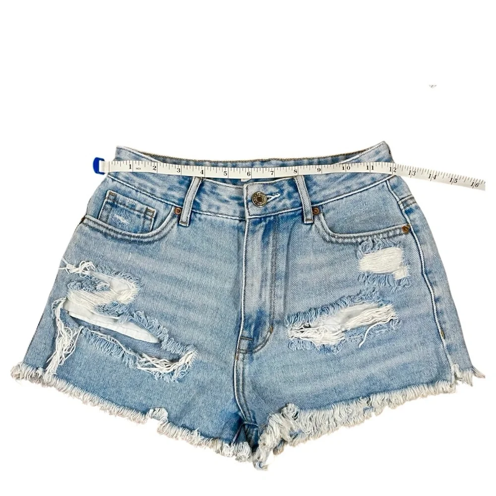 PacSun‎ High Rise Distressed Denim Shorts 25 Festival Grunge Raw Hem Light Wash